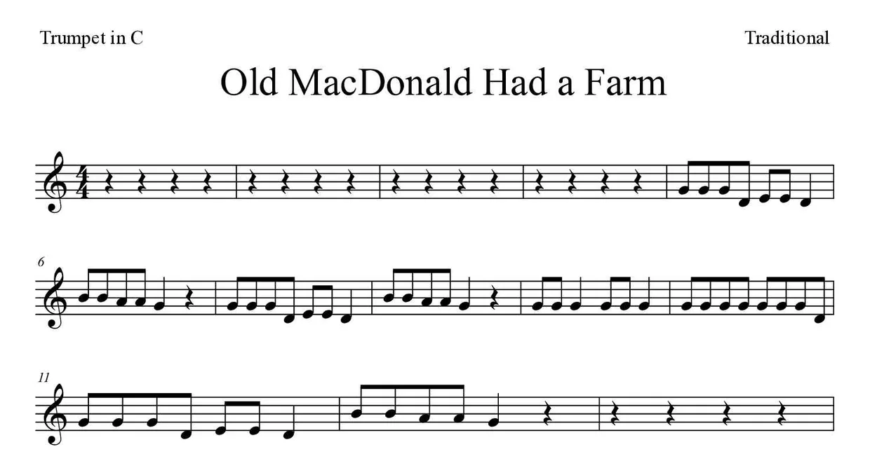 Partitura de Old MacDonald Had a Farm para trompete em Do, primeiras linhas