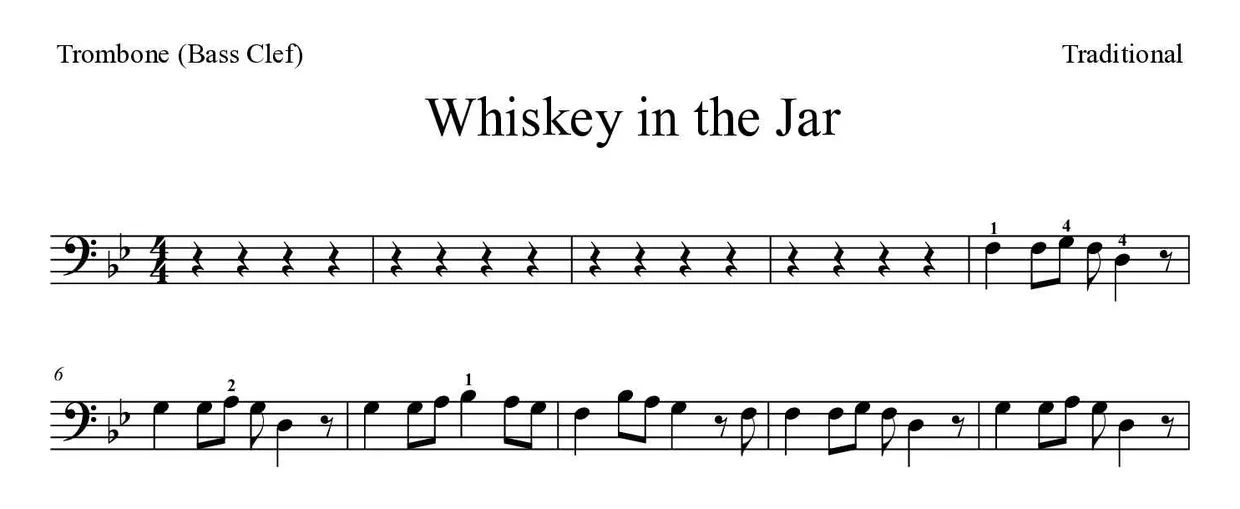 「Whiskey in the Jar」Trombone用楽譜の最初の数段
