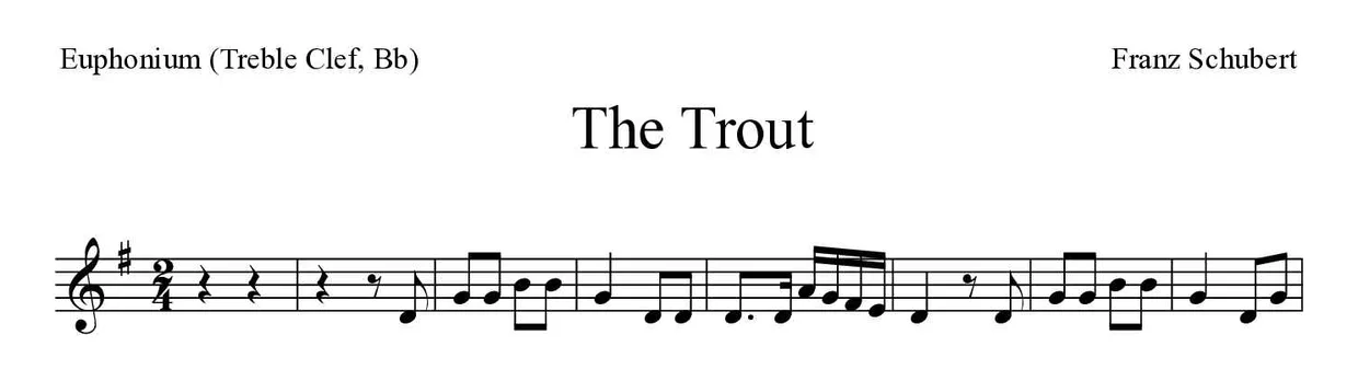 Partitura de The Trout para eufónio (clave de Sol, Sib), primeiras linhas