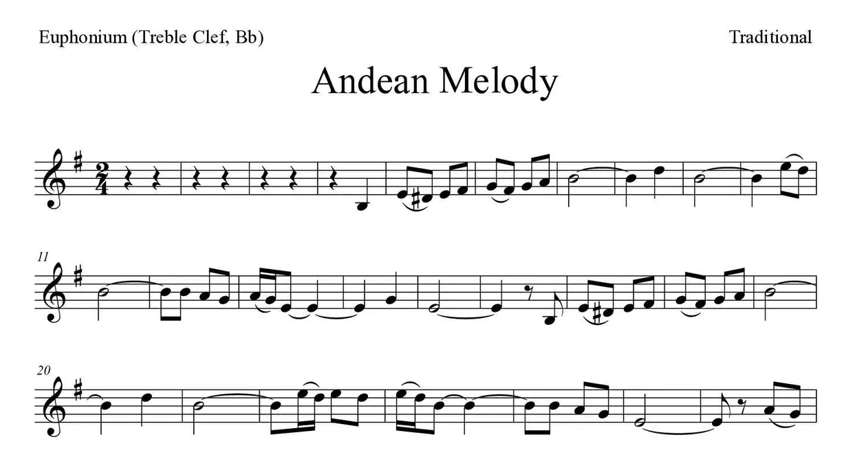 Bladmuziek van Andean Melody voor euphonium (treble clef, Bb), eerste regels