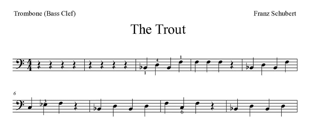 Partitura de The Trout para trombón, primeras líneas