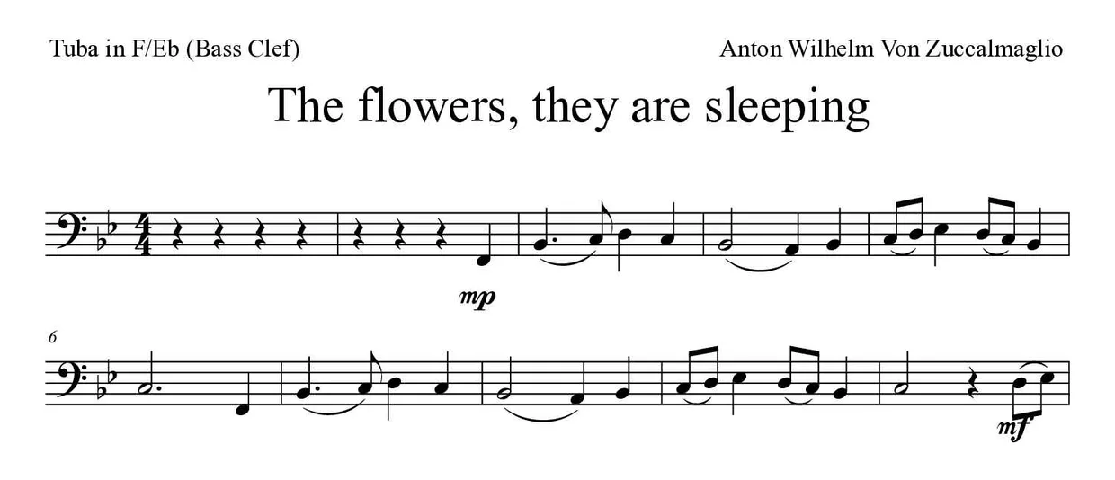 《The flowers, they are sleeping》F/Eb大号(低音谱号)乐谱前几行