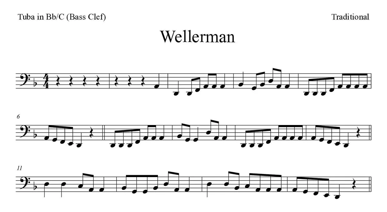 Sheet music of Wellerman for tuba in Bb/C (bass clef) (Medium), first lines