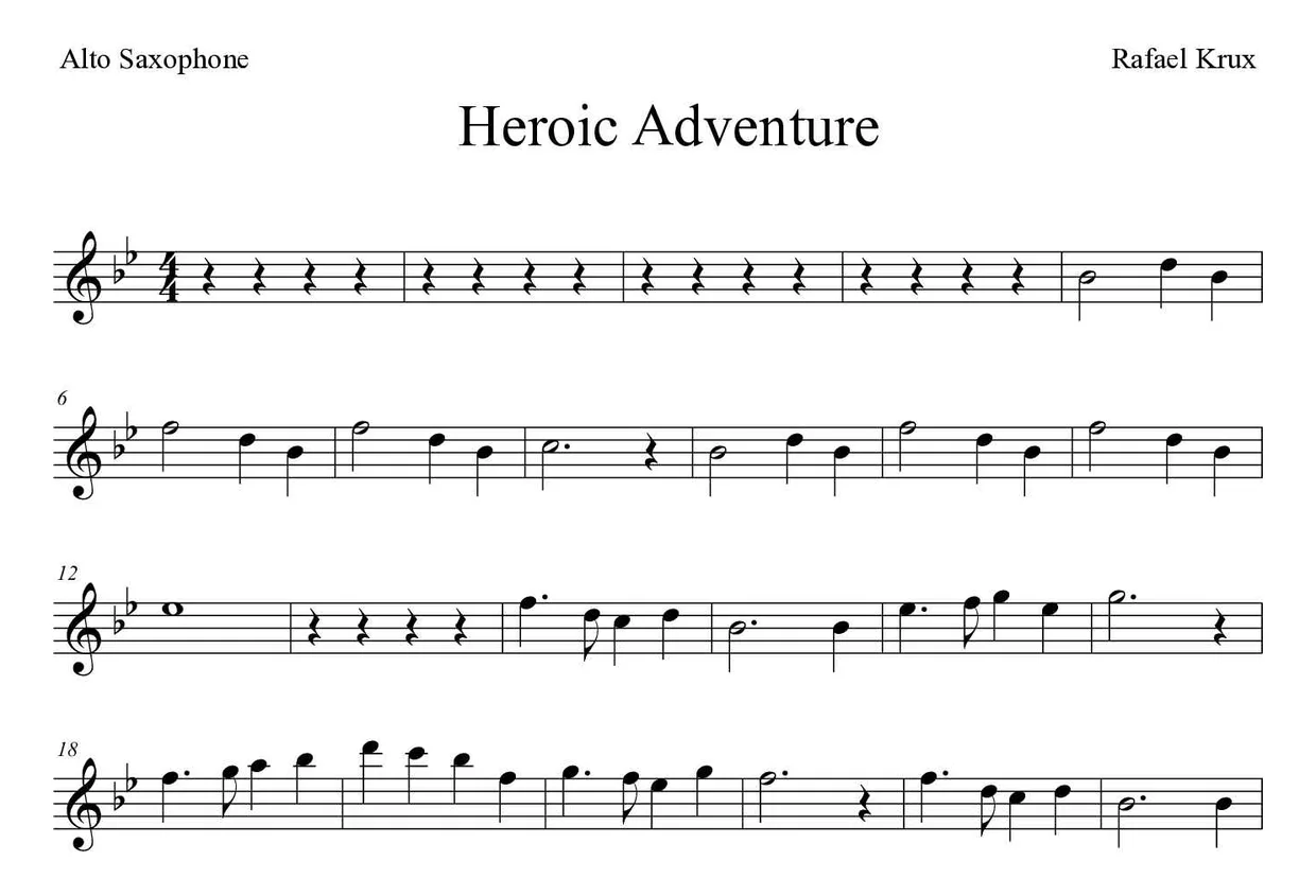 Partitura de Heroic Adventure para alto saxofone, primeiras linhas