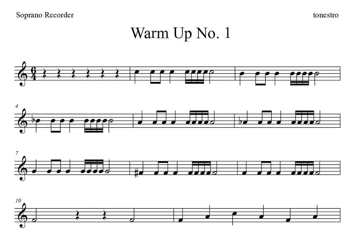 Partition de Warm Up No. 1 pour flûte à bec, premières lignes