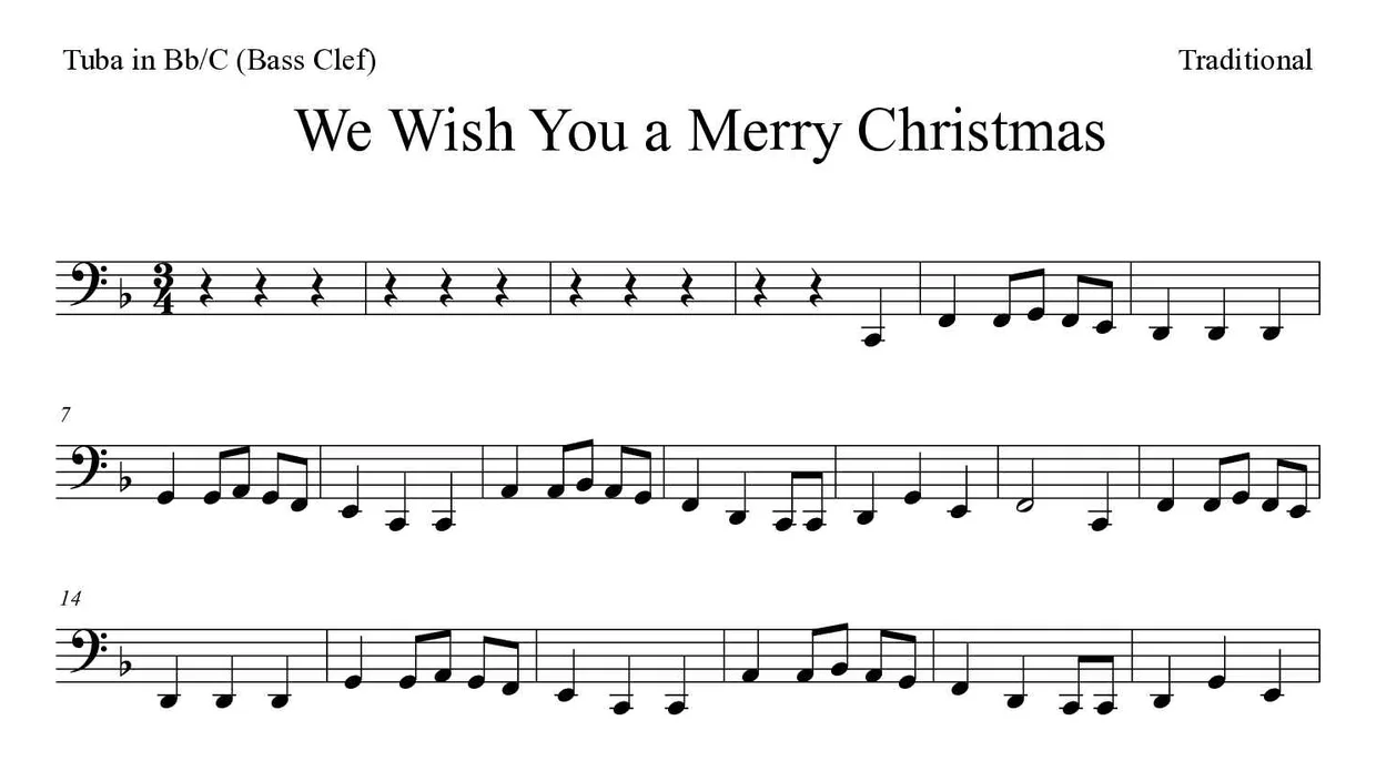 Partitura de We Wish You a Merry Christmas para tuba em Sib/Do (clave de Fa), primeiras linhas