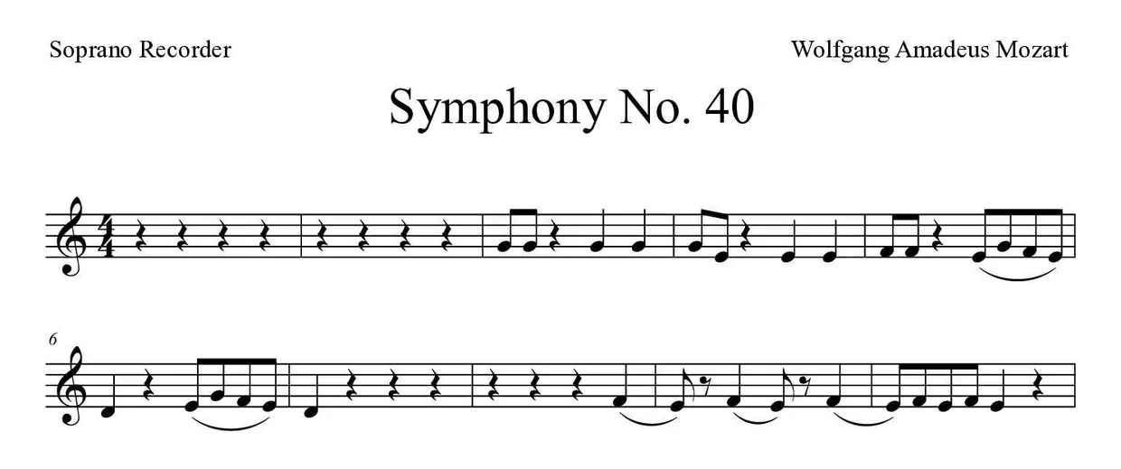 Partitura de Symphony No. 40 para flauta dulce, primeras líneas