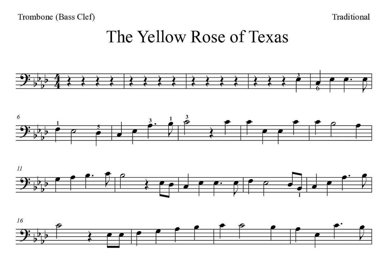 Partition de The Yellow Rose of Texas pour trombone, premières lignes