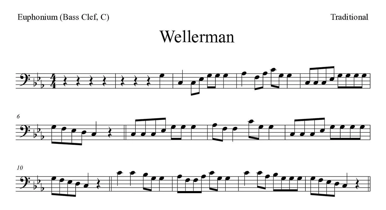 ‘Wellerman’ Euphonium (Bass Clef, C) 악보의 첫 몇 줄