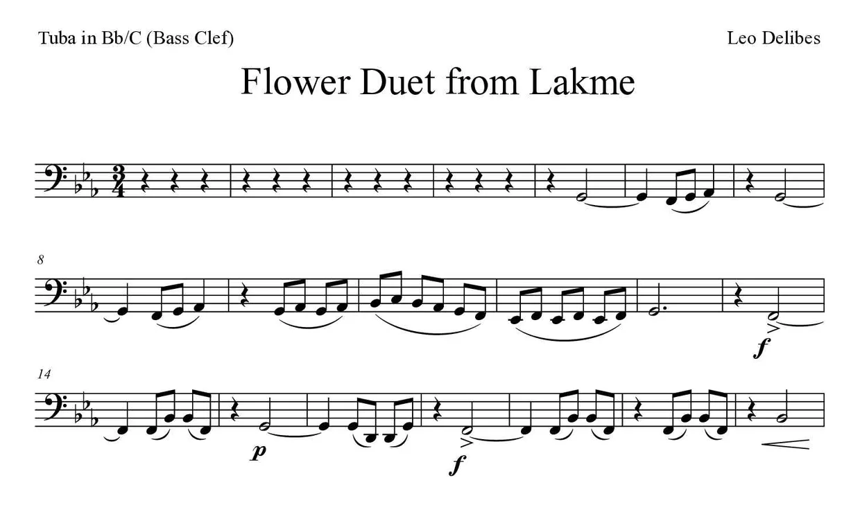 Partition de Flower Duet from Lakme pour tuba en si bémol/do (clé de fa), premières lignes