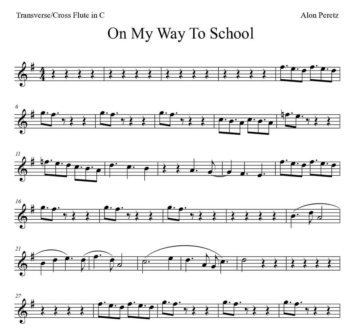 「On My Way To School」Flute用楽譜の最初の数段