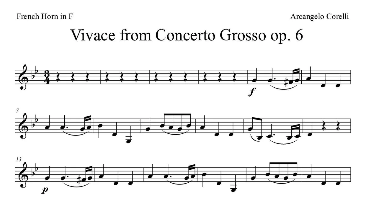 《Vivace from Concerto Grosso op. 6》法国号乐谱前几行
