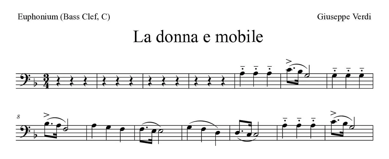 Partitura de La donna e mobile para eufónio (clave de Fa, C), primeiras linhas