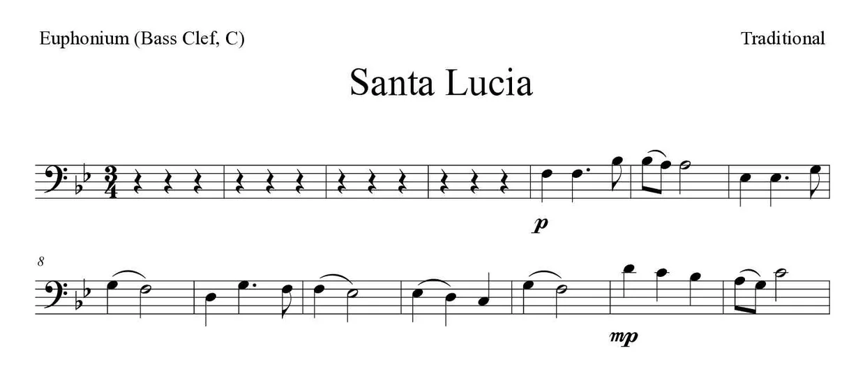 Bladmuziek van Santa Lucia voor euphonium (bass clef, C), eerste regels