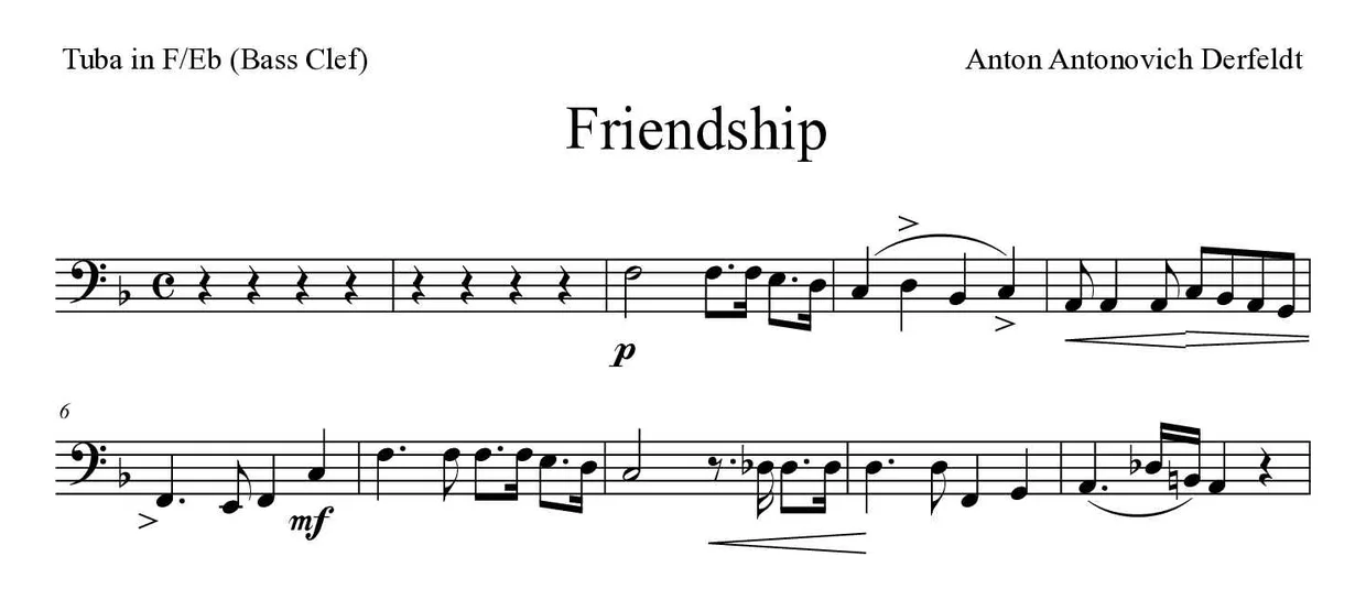 Spartito di Friendship per tuba in F/Eb (bass clef), prime righe