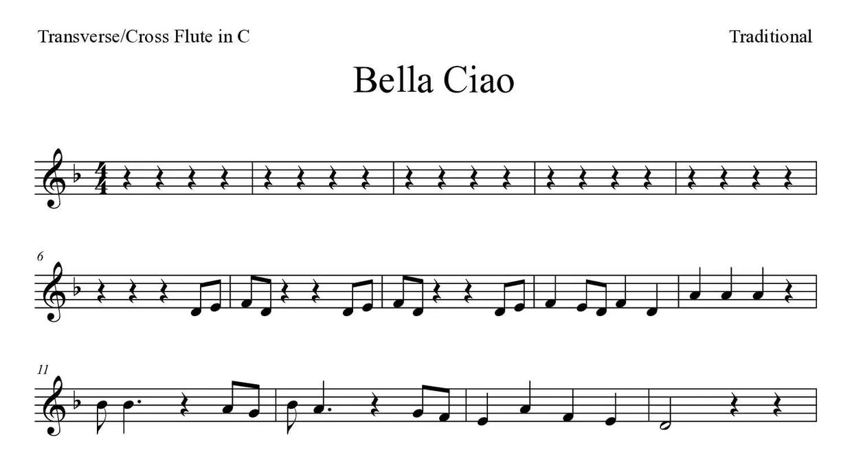 Sheet music of Bella Ciao for flute (Easy), first lines