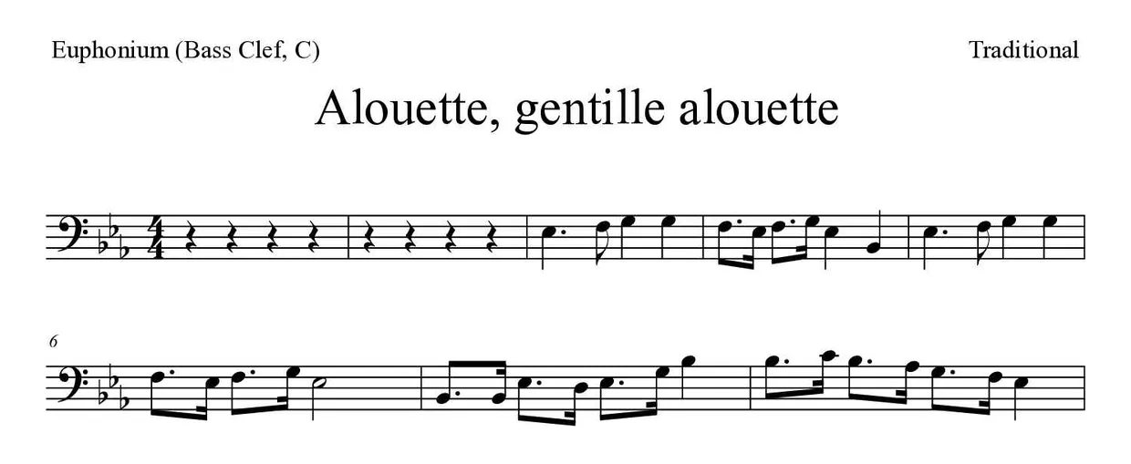 Spartito di Alouette, gentille alouette per euphonium (bass clef, C), prime righe