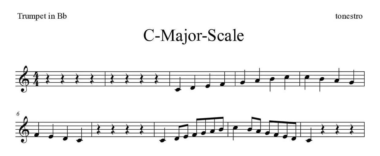 Partitura de C-Major-Scale para trompeta en Sib, primeras líneas