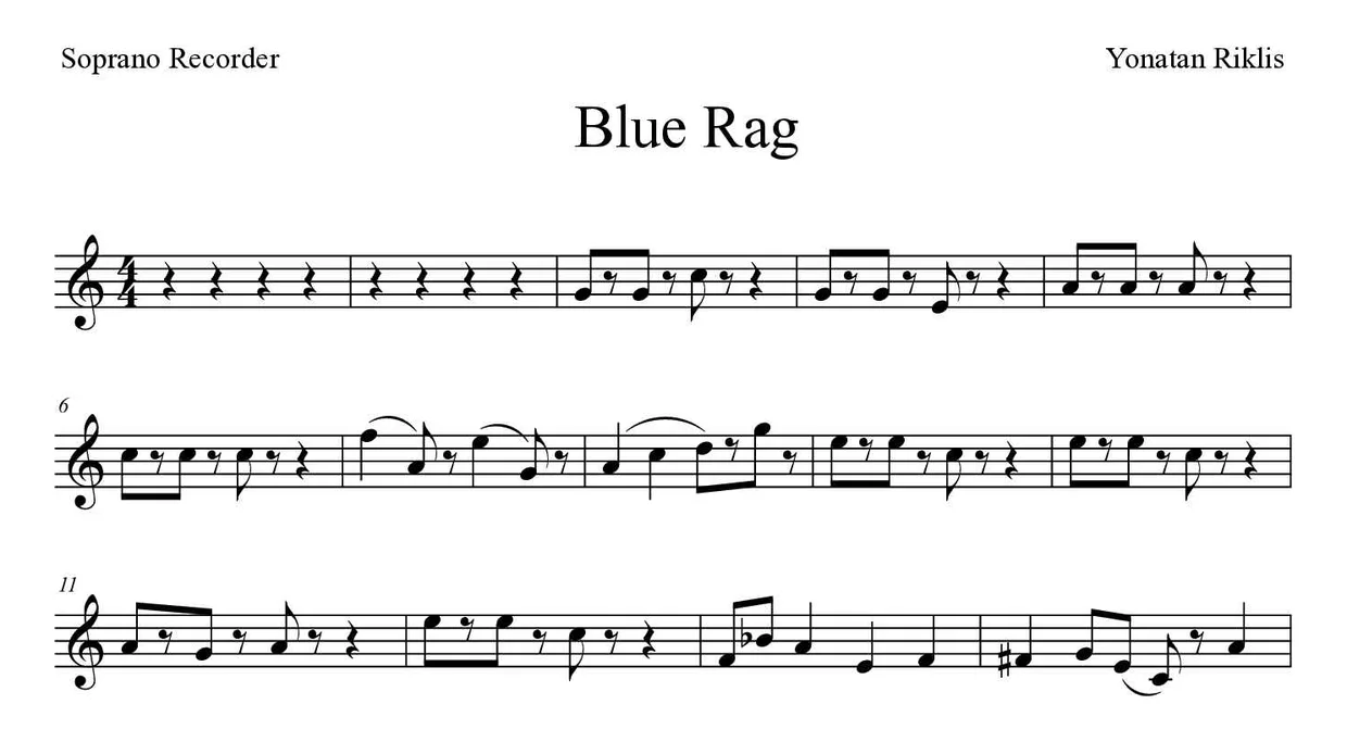 Partitura de Blue Rag para flauta dulce, primeras líneas