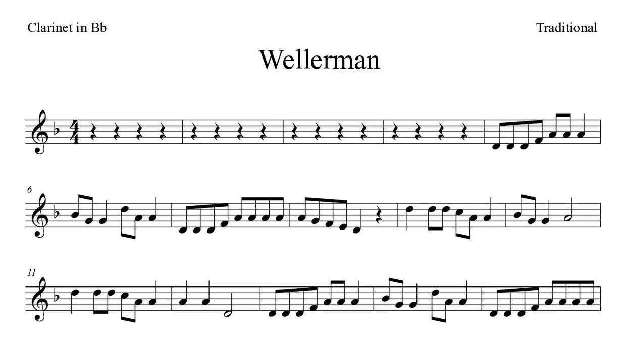 Partitura de Wellerman para clarinete, primeras líneas
