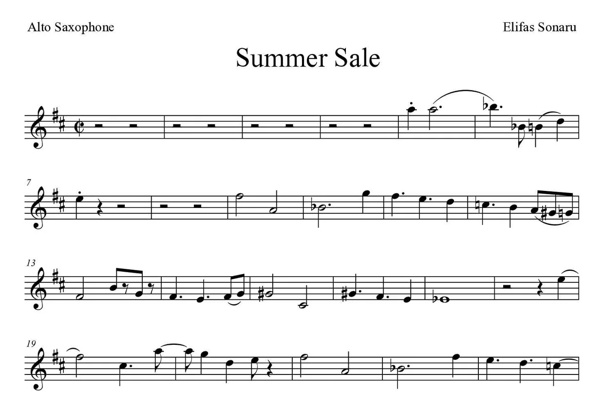 「Summer Sale」Alto Saxophone用楽譜の最初の数段