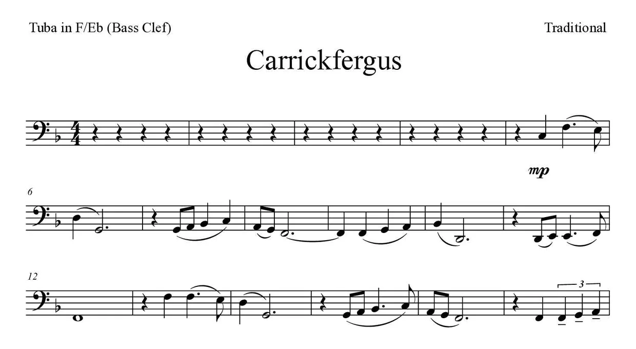 Bladmuziek van Carrickfergus voor tuba in F/Eb (bass clef), eerste regels