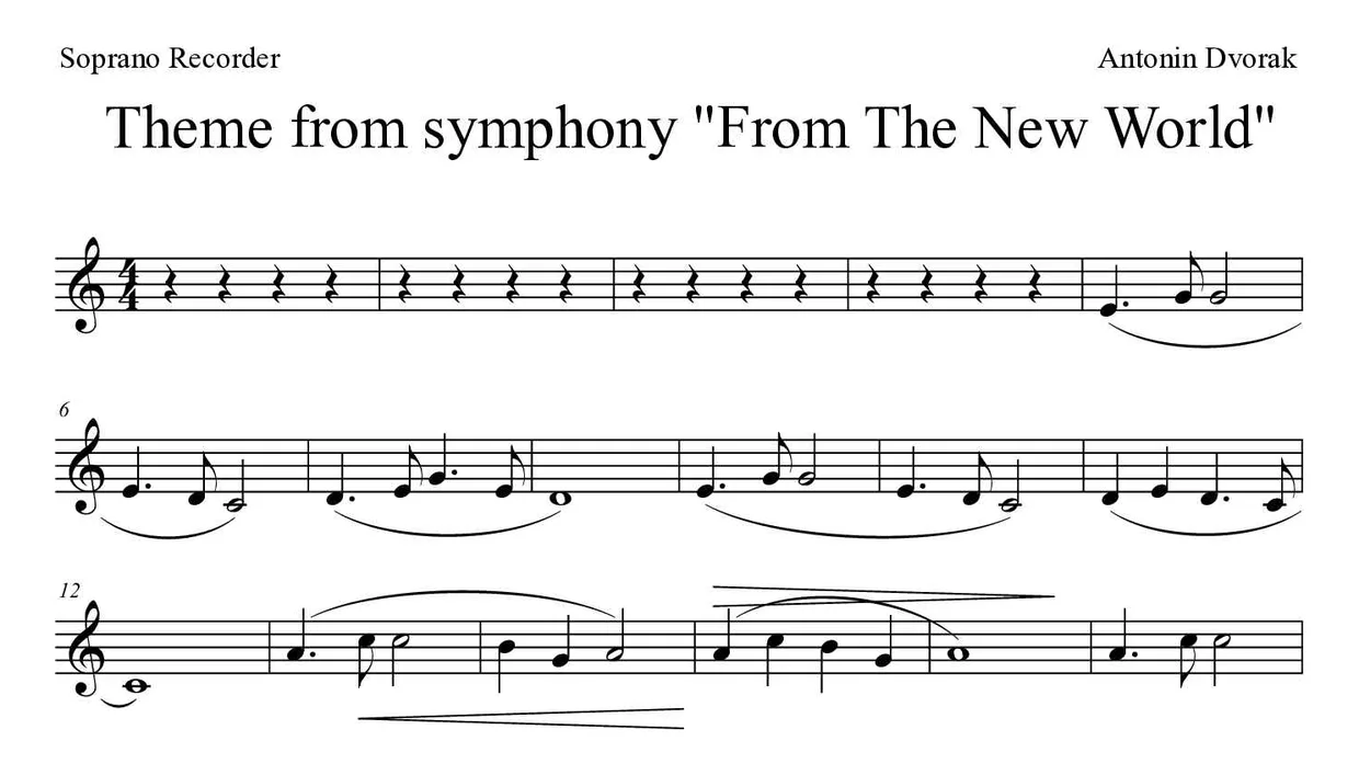 Partition de Theme from symphony "From The New World" pour flûte à bec, premières lignes