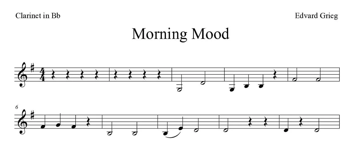 Sheet music of Morning Mood for clarinet (Easy), first lines