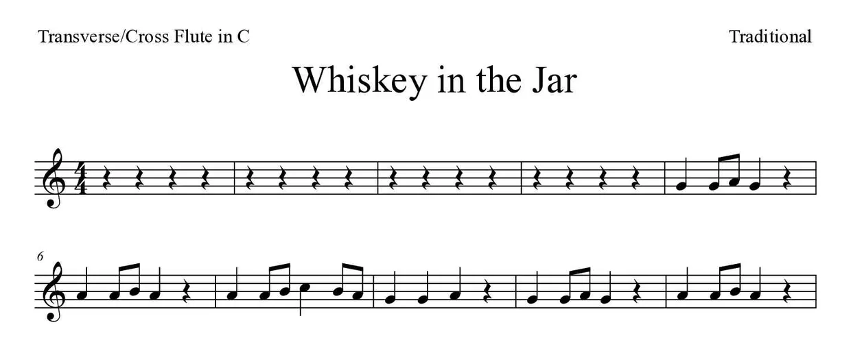 Partition de Whiskey in the Jar pour fflûte traversière, premières lignes