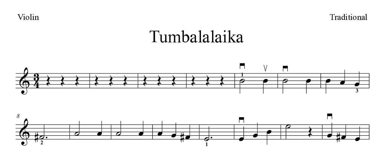 Partition de Tumbalalaika pour violon, premières lignes