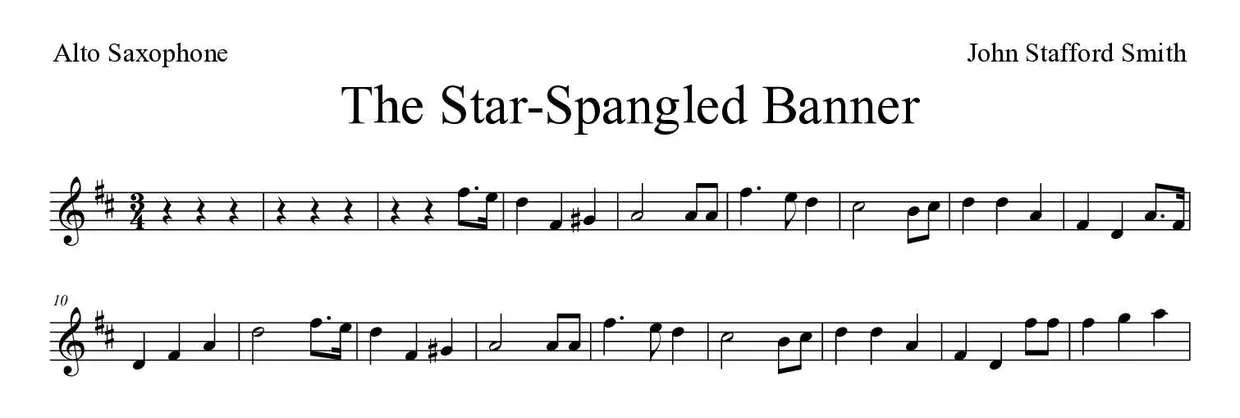 Bladmuziek van The Star-Spangled Banner voor alto saxophone, eerste regels