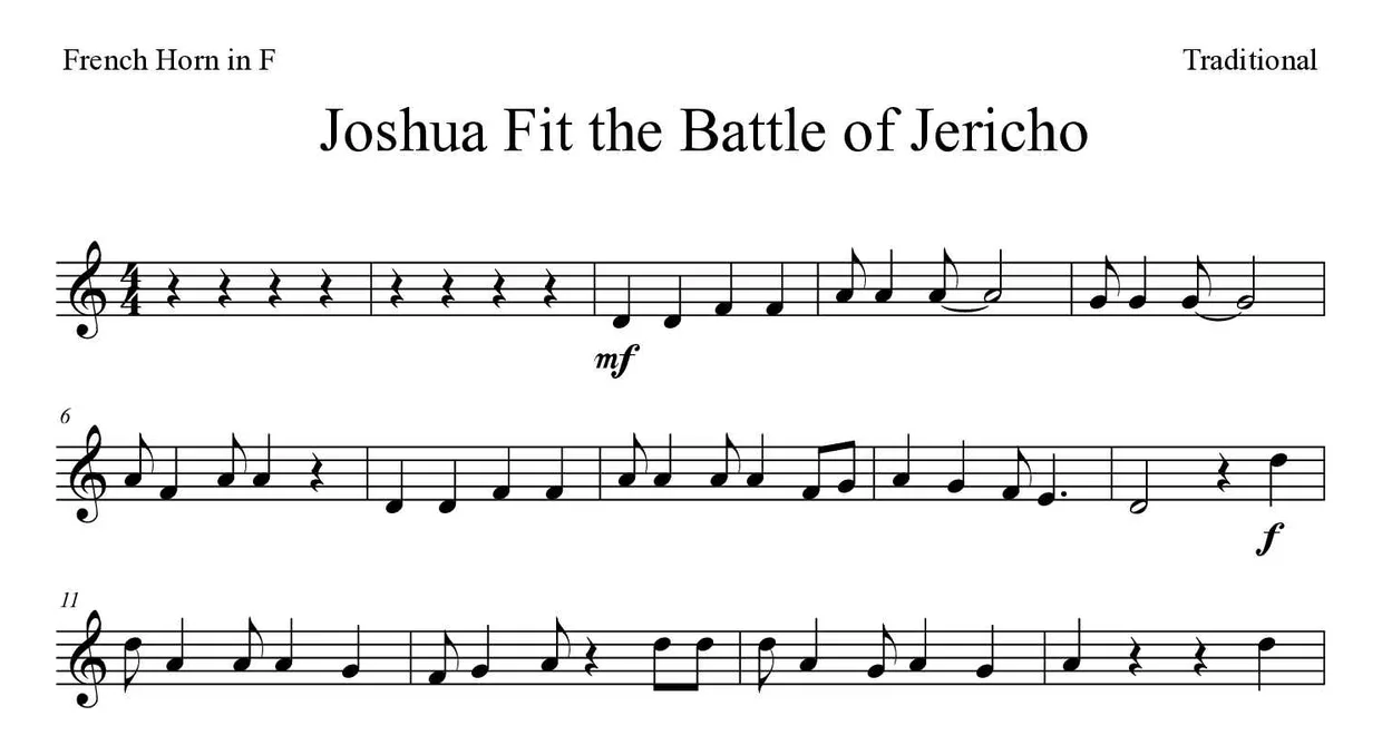 ‘Joshua Fit the Battle of Jericho’ French Horn 악보의 첫 몇 줄
