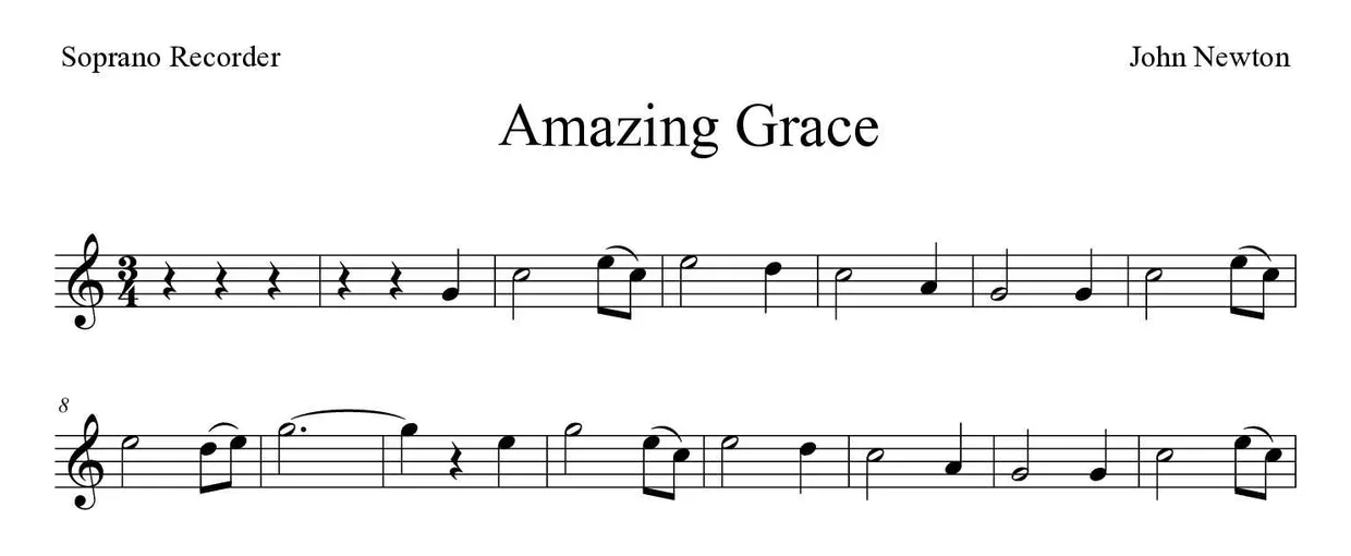 Partitura de Amazing Grace para flauta dulce, primeras líneas