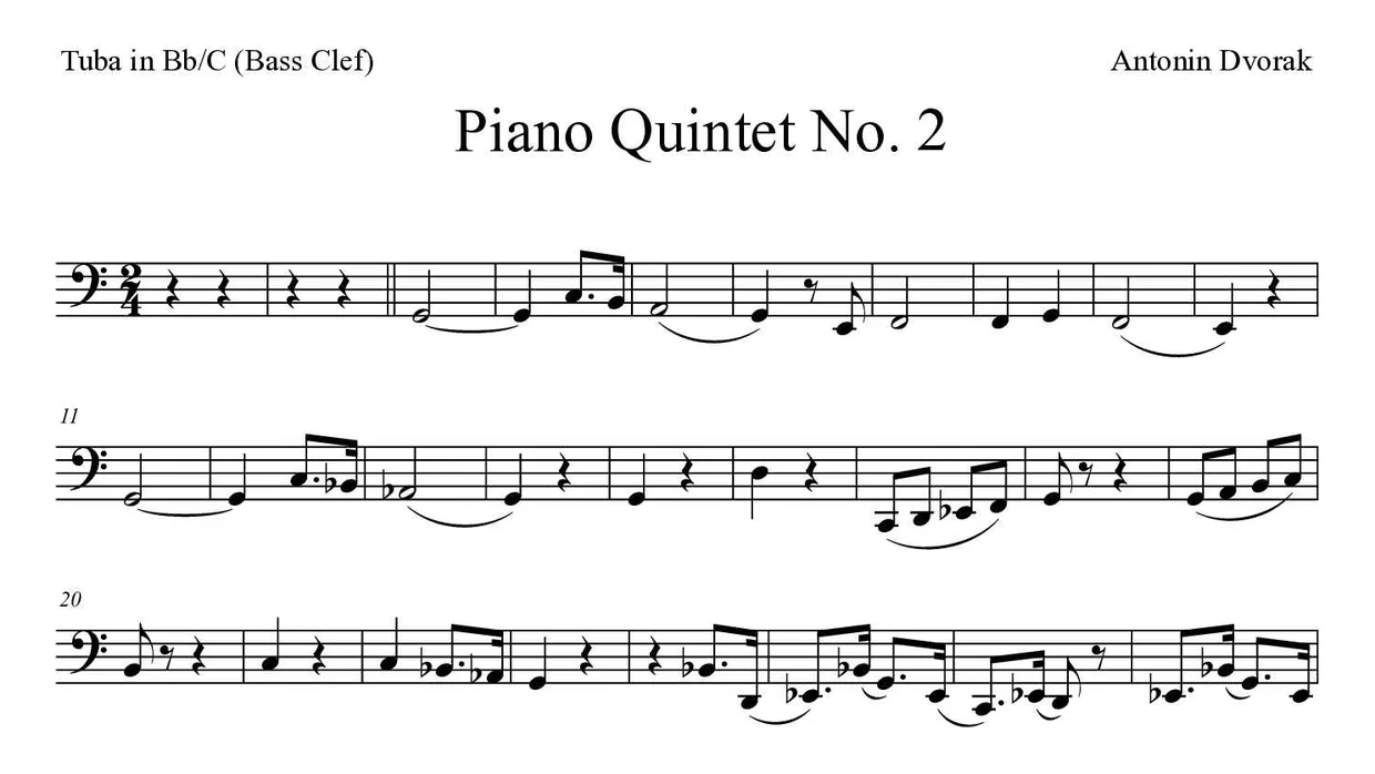 Sheet music of Piano Quintet No. 2 for tuba in Bb/C (bass clef) (Medium), first lines
