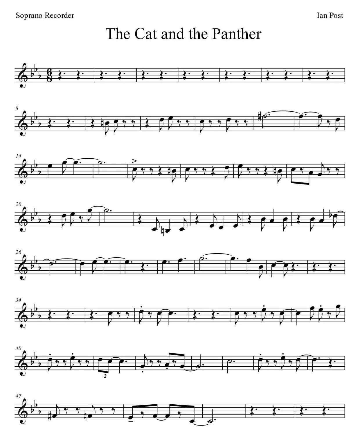 Partitura de The Cat and the Panther para flauta dulce, primeras líneas