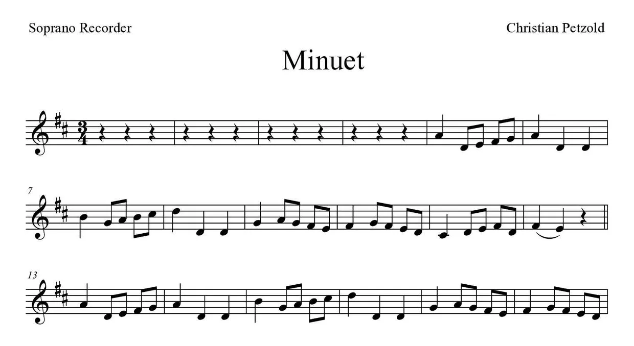 Partitura de Minuet para flauta de bisel, primeiras linhas
