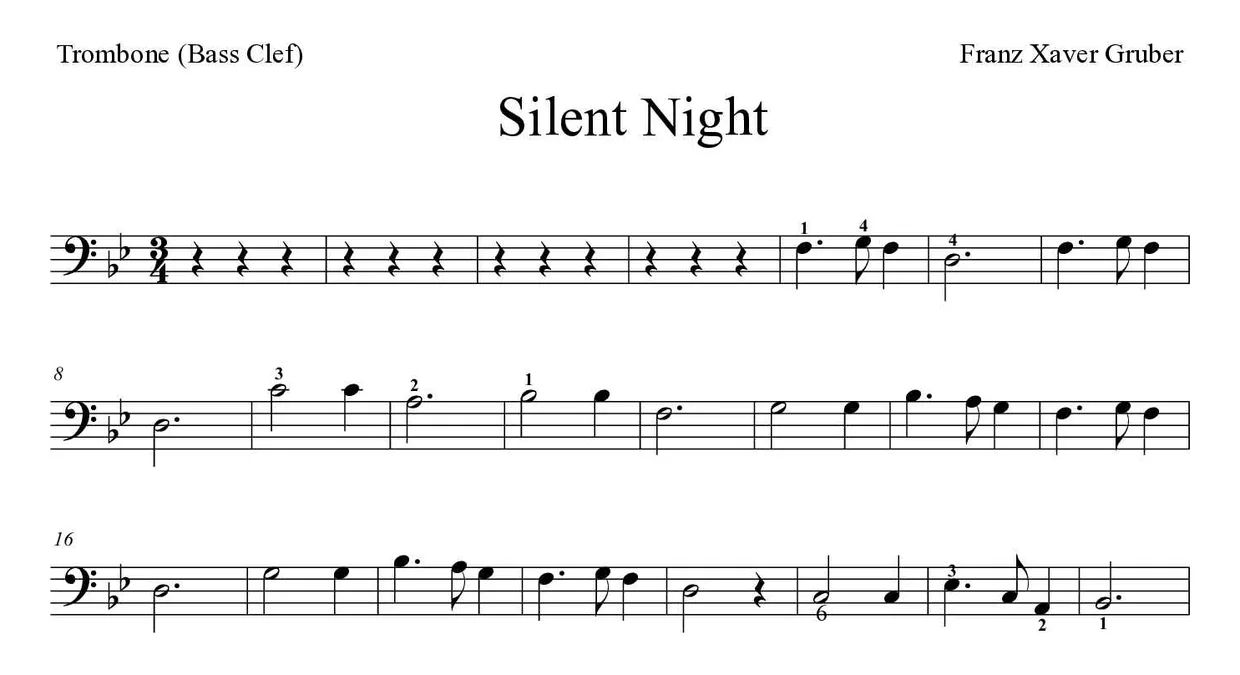 Sheet music of Silent Night for trombone (Medium), first lines