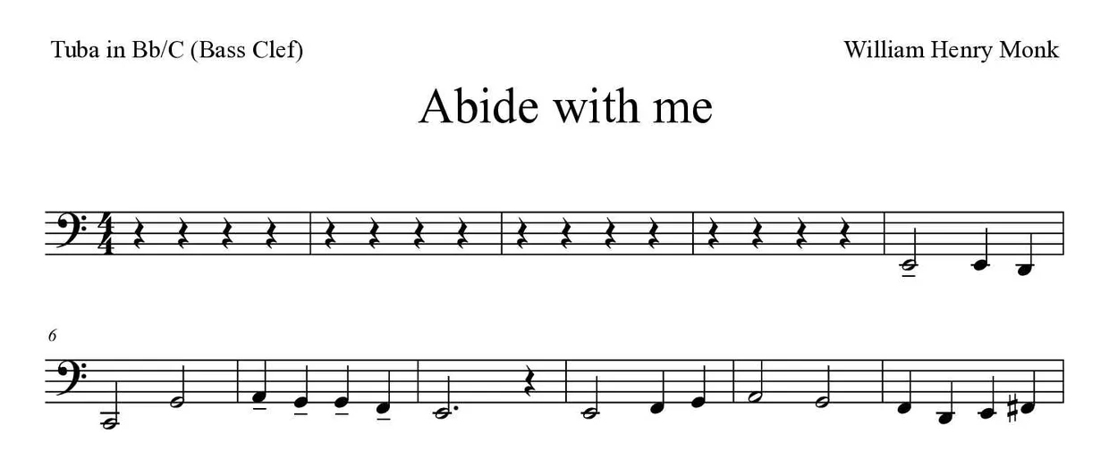 Partitura de Abide with me para tuba en Sib/Do (clave de Fa), primeras líneas