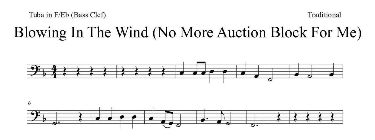 Bladmuziek van Blowing In The Wind (No More Auction Block For Me) voor tuba in F/Eb (bass clef), eerste regels