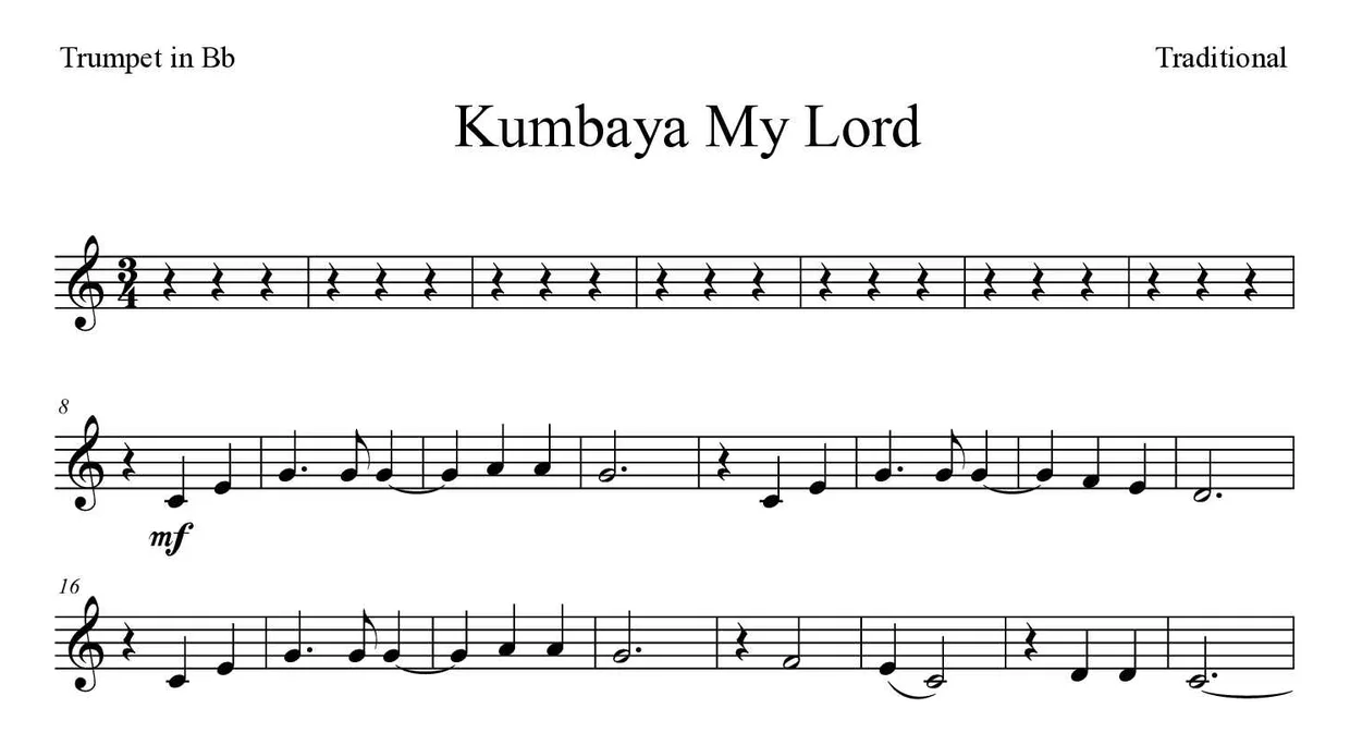 ‘Kumbaya My Lord’ Trumpet in Bb 악보의 첫 몇 줄
