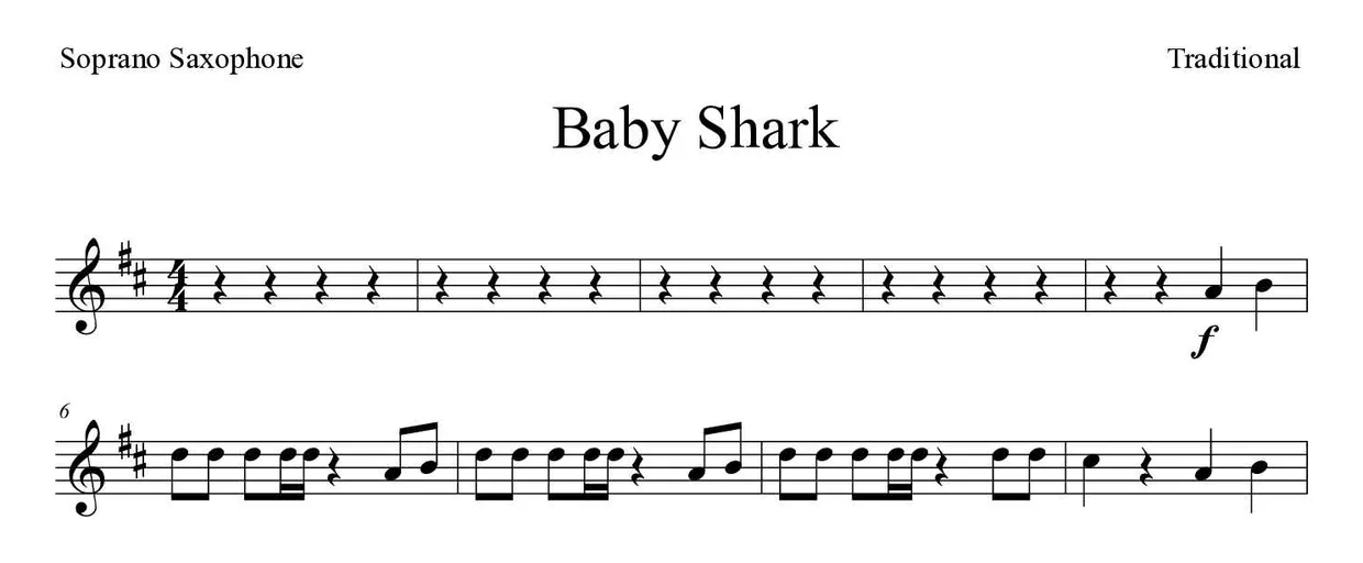 ‘Baby Shark’ Soprano Saxophone 악보의 첫 몇 줄