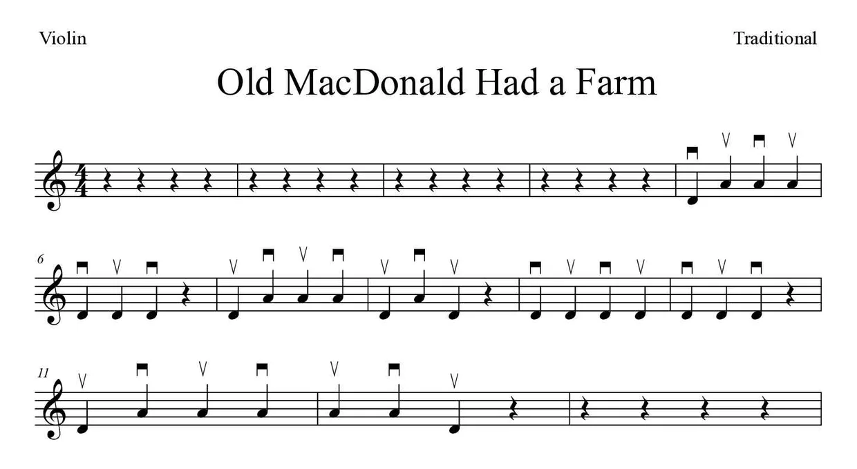 Noten von Old MacDonald Had a Farm für Geige (Einfach), erste Zeilen