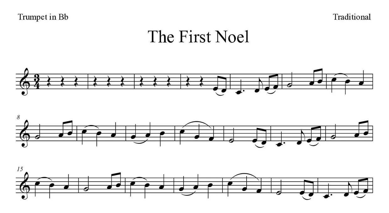 Partition de The First Noel pour trompette en si bémol, premières lignes