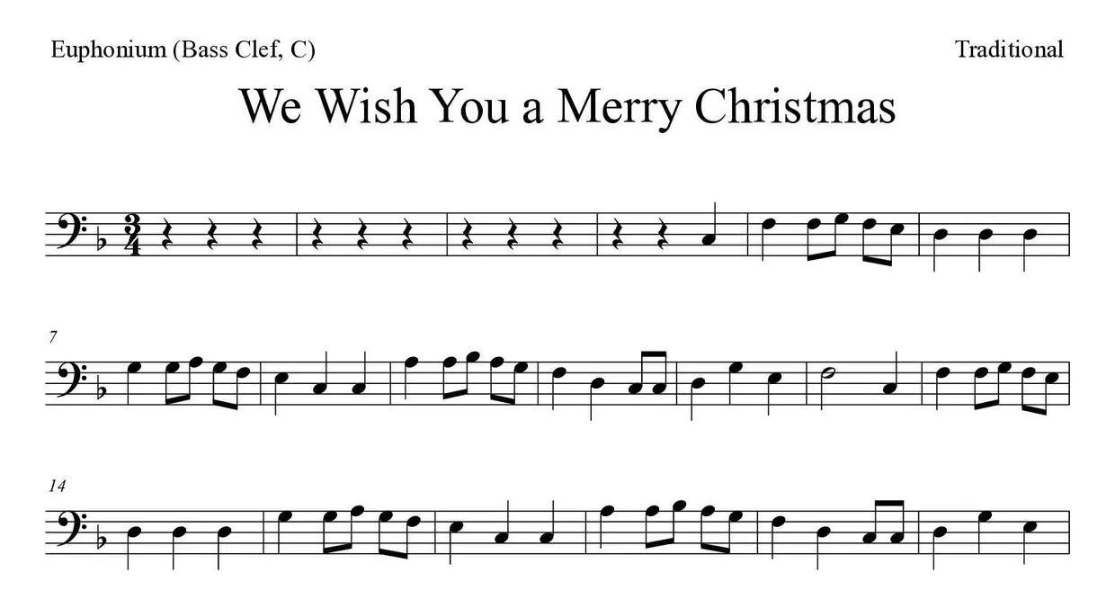 Bladmuziek van We Wish You a Merry Christmas voor euphonium (bass clef, C), eerste regels