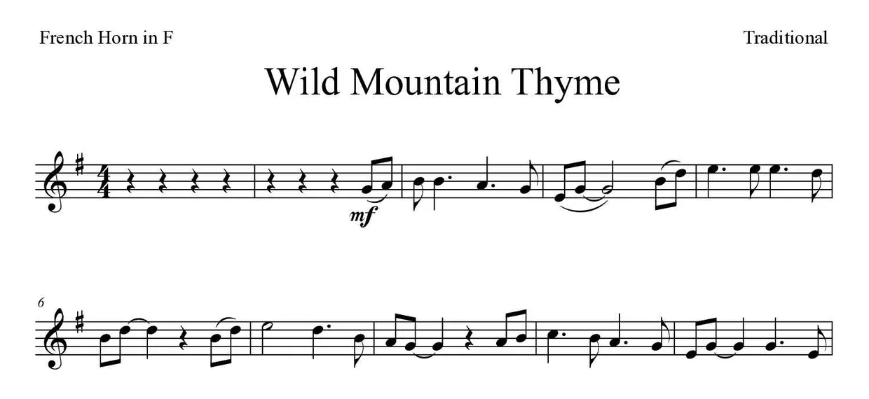 Sheet music of Wild Mountain Thyme for French horn (Hard), first lines