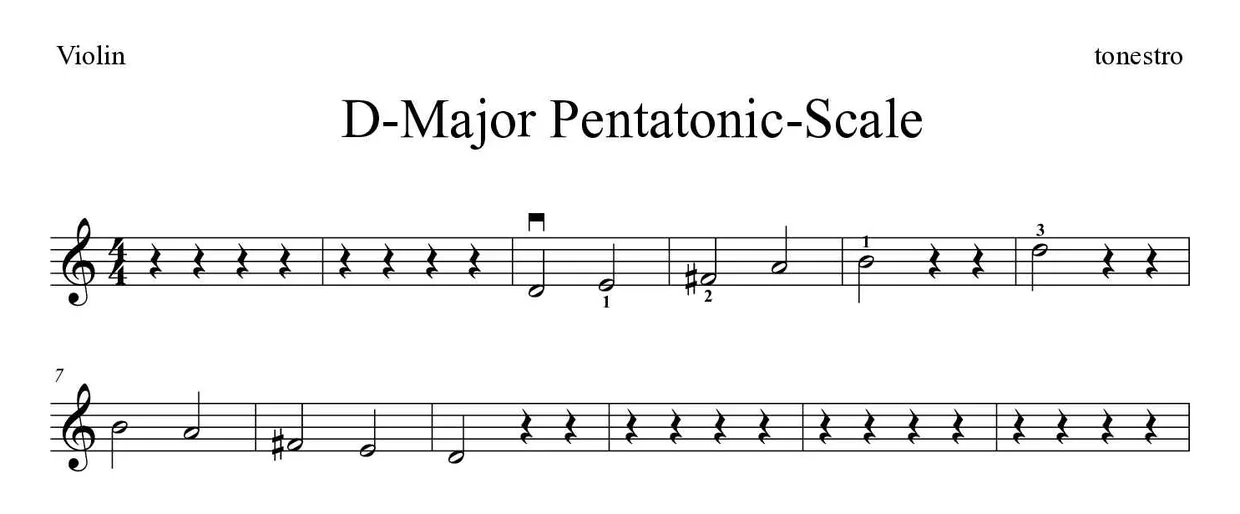 Bladmuziek van D-Major Pentatonic-Scale voor violin, eerste regels
