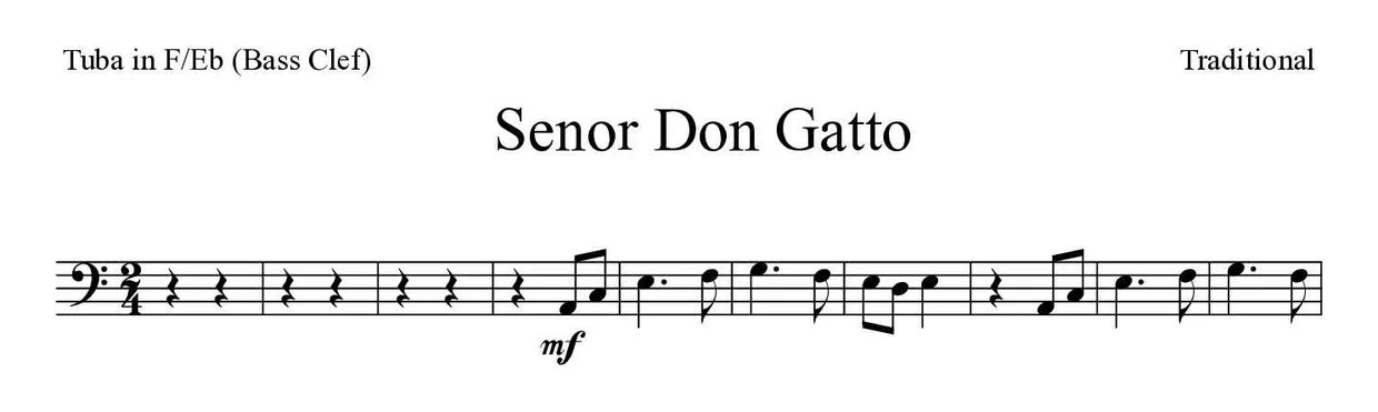‘Senor Don Gatto’ Tuba in F/Eb (Bass Clef) 악보의 첫 몇 줄