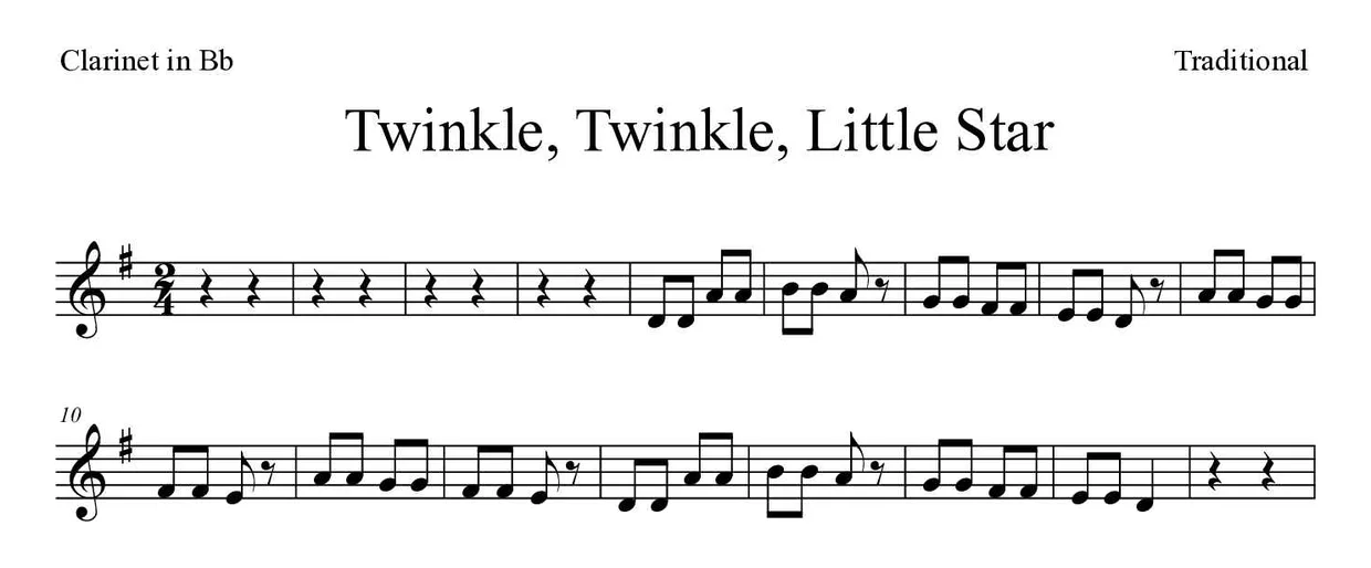 Partitura de Twinkle, Twinkle, Little Star para clarinete, primeras líneas