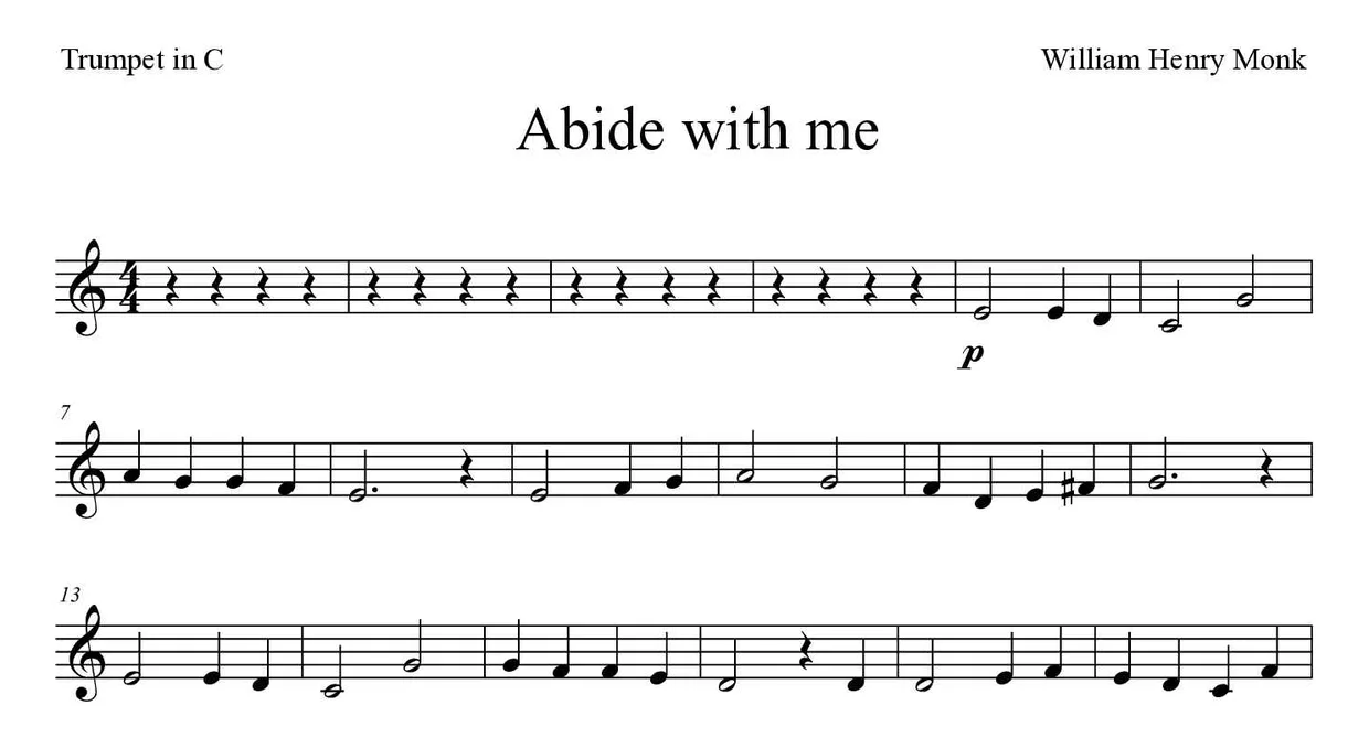 Sheet music of Abide with me for trumpet in C (Medium), first lines