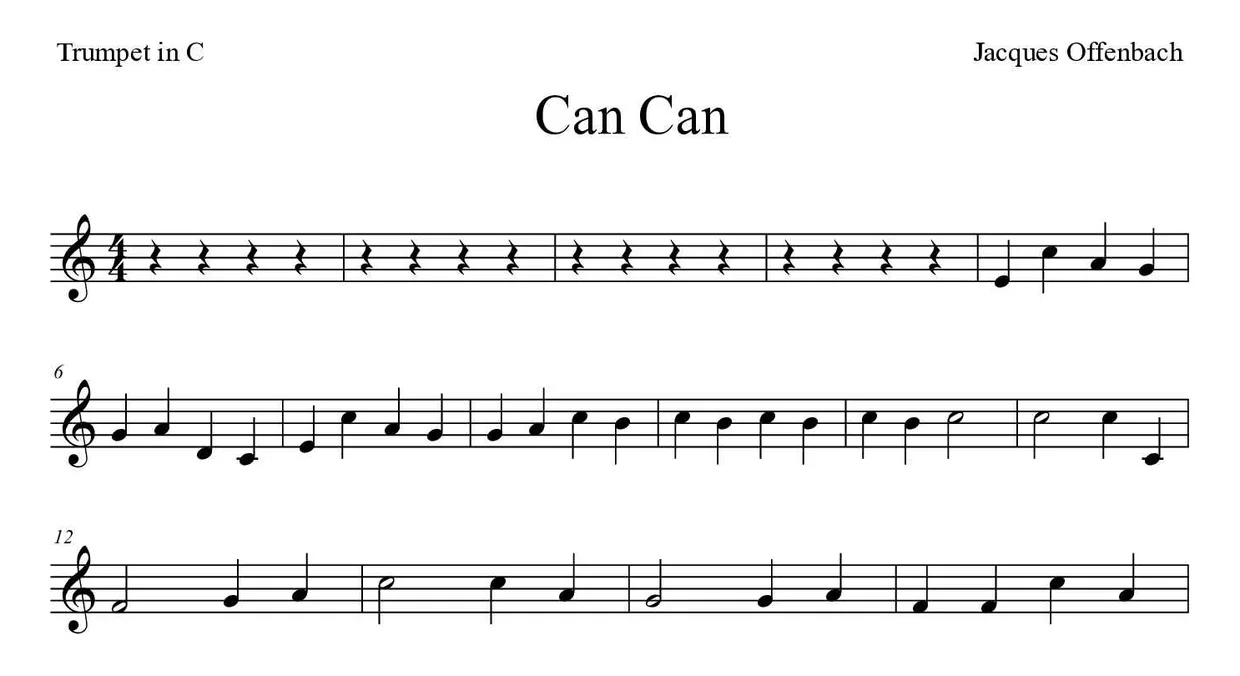 Partition de Can Can pour trompette en do, premières lignes